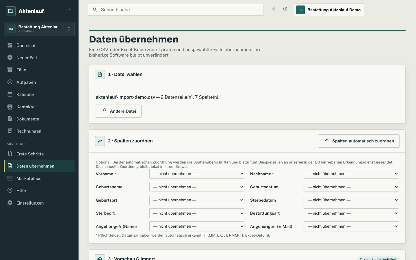 Import: Spalten zuordnen und bestätigen