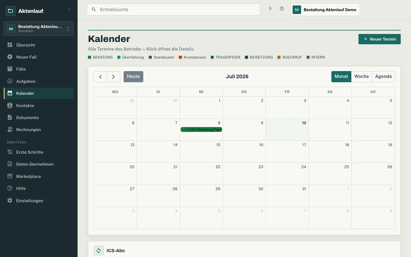 Kalender mit abgeleiteten Fallterminen