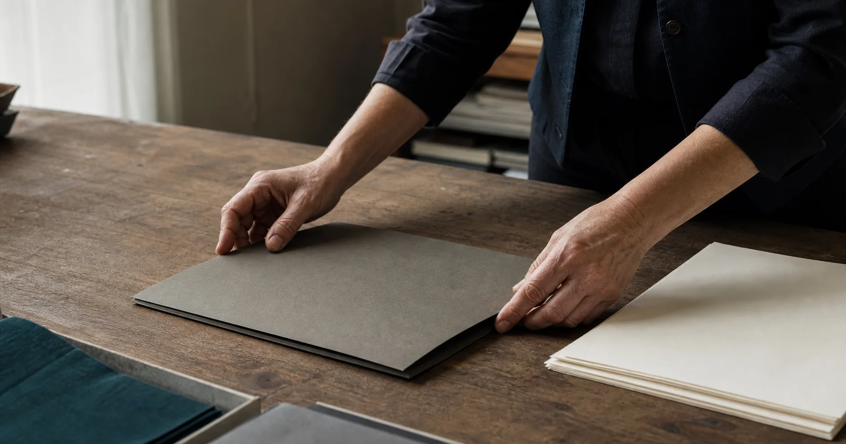 Hände ordnen sorgfältig eine schlichte Erinnerungsmappe und Papier