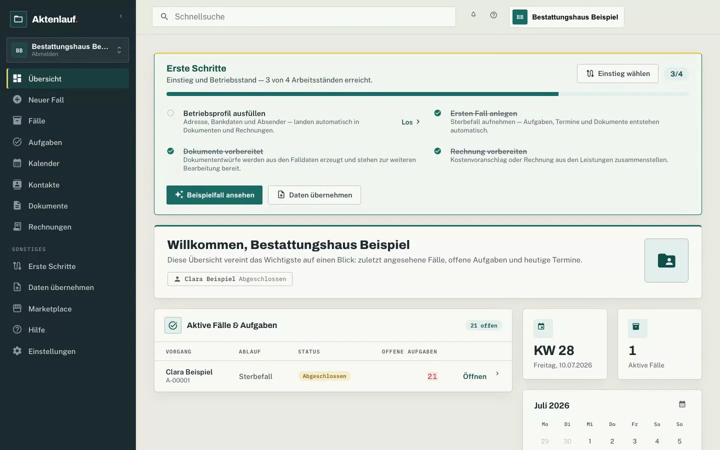 Ein kompletter Sterbefall — Aufnahme bis abgeschlossene Rechnung