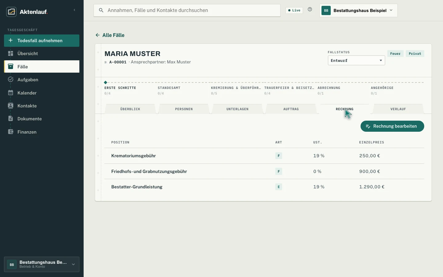 Rechnung in derselben digitalen Fallakte