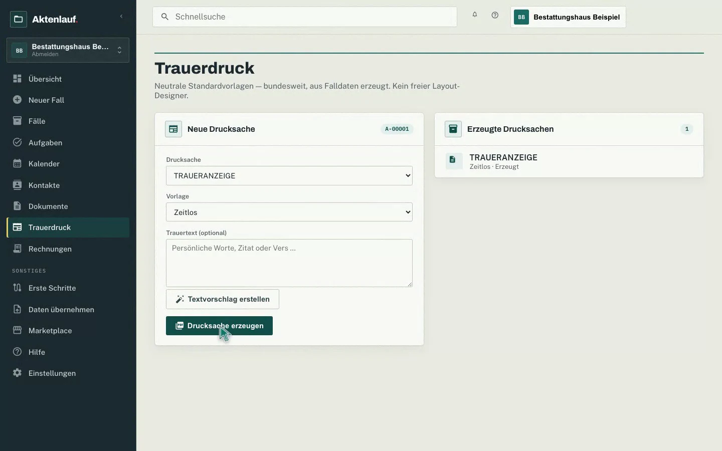 Traueranzeige aus einem geprüften Textvorschlag erstellen