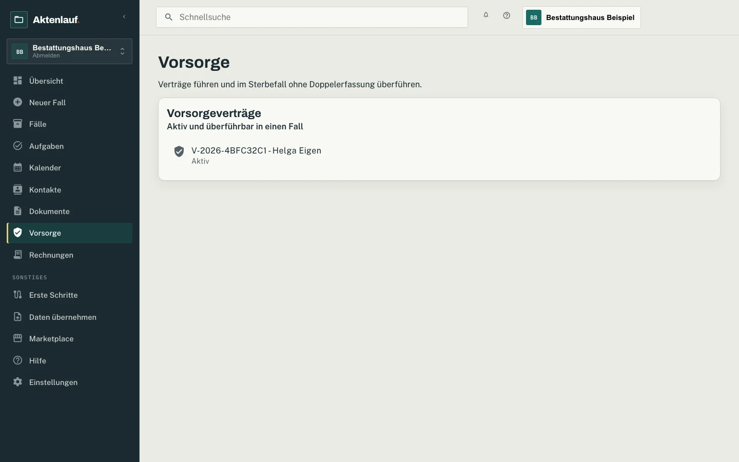 Vorsorgeverträge mit Nummer und Status